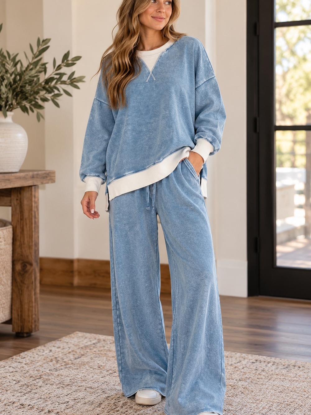 Zenana Acid Wash Fleece Palazzo Sweatpants with Pockets – Blue Gray 🩵